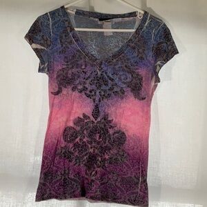 Purple and Black Patterned VNeck Top-Size L Juniors